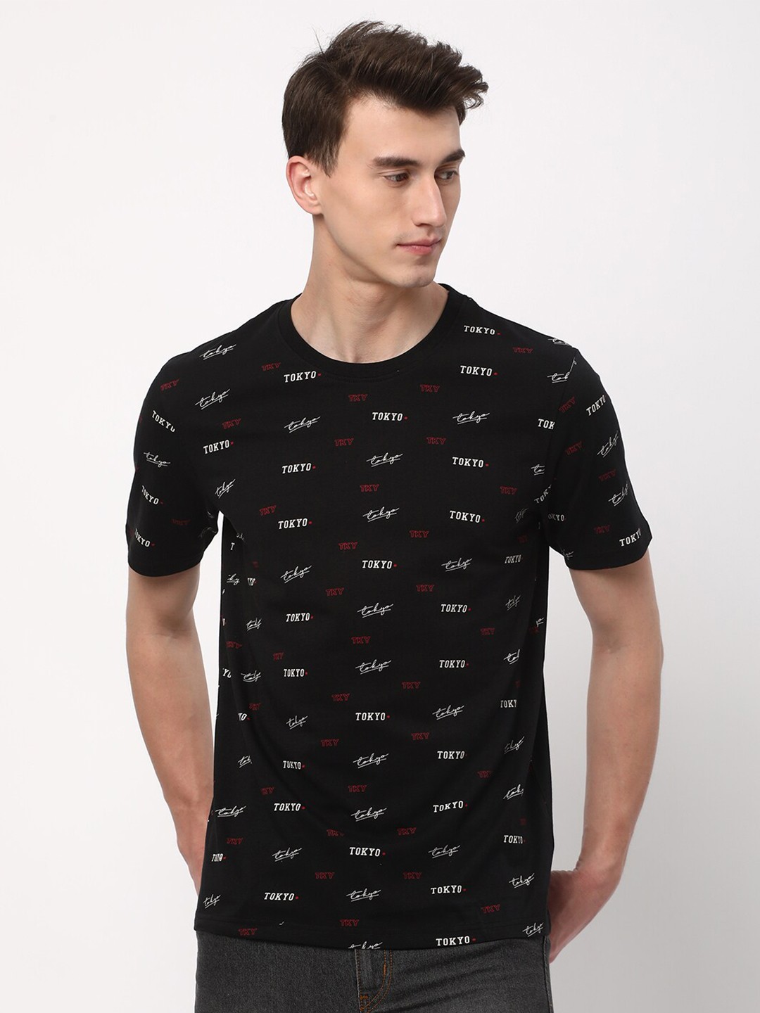 

R&B Typography Printed Round Neck Cotton T-shirt, Black