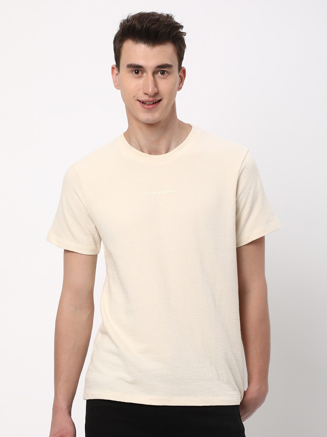 

R&B Tropical Printed Round Neck Cotton T-shirt, Cream