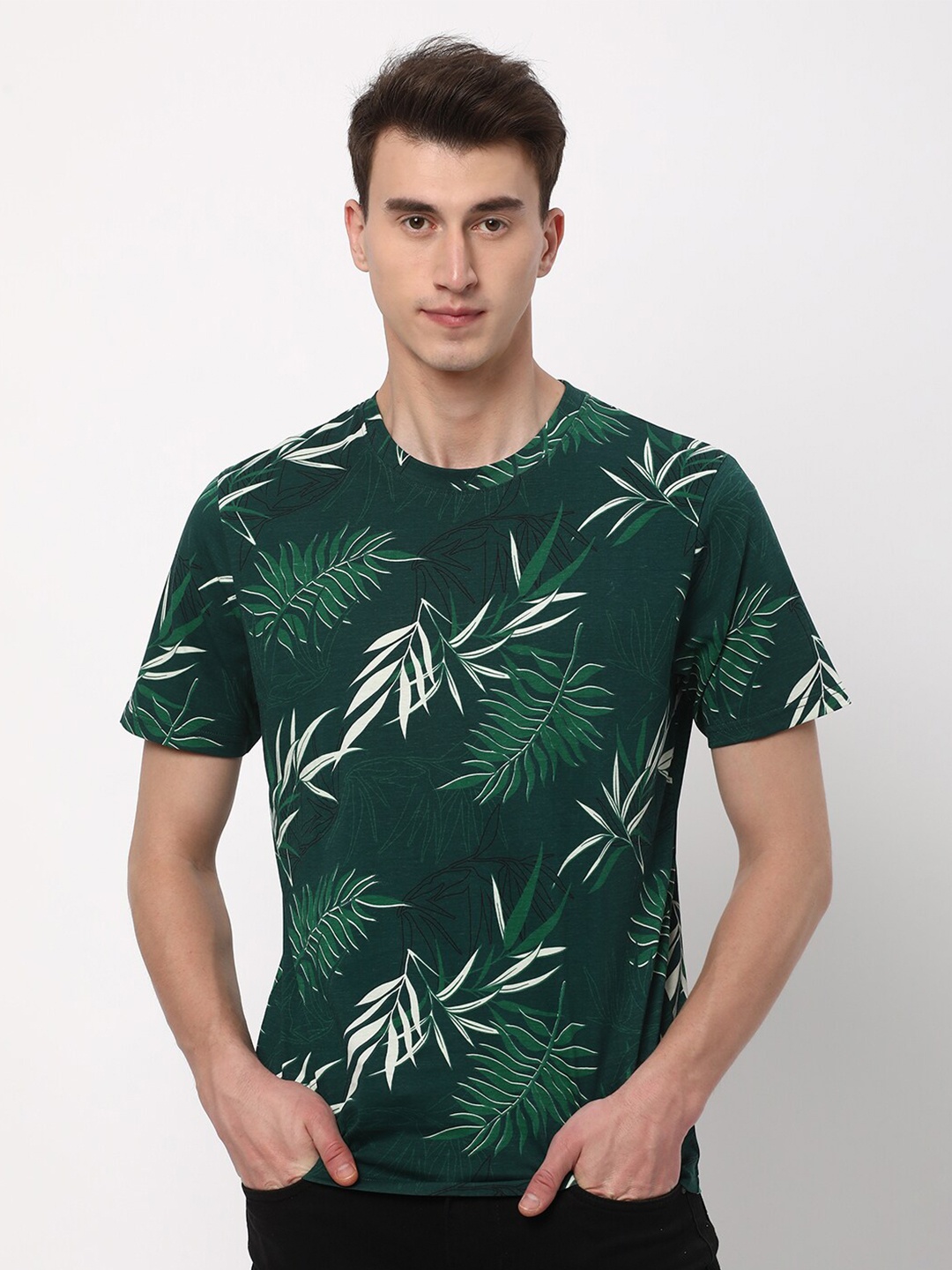 

R&B Tropical Printed Round Neck Cotton T-shirt, Green