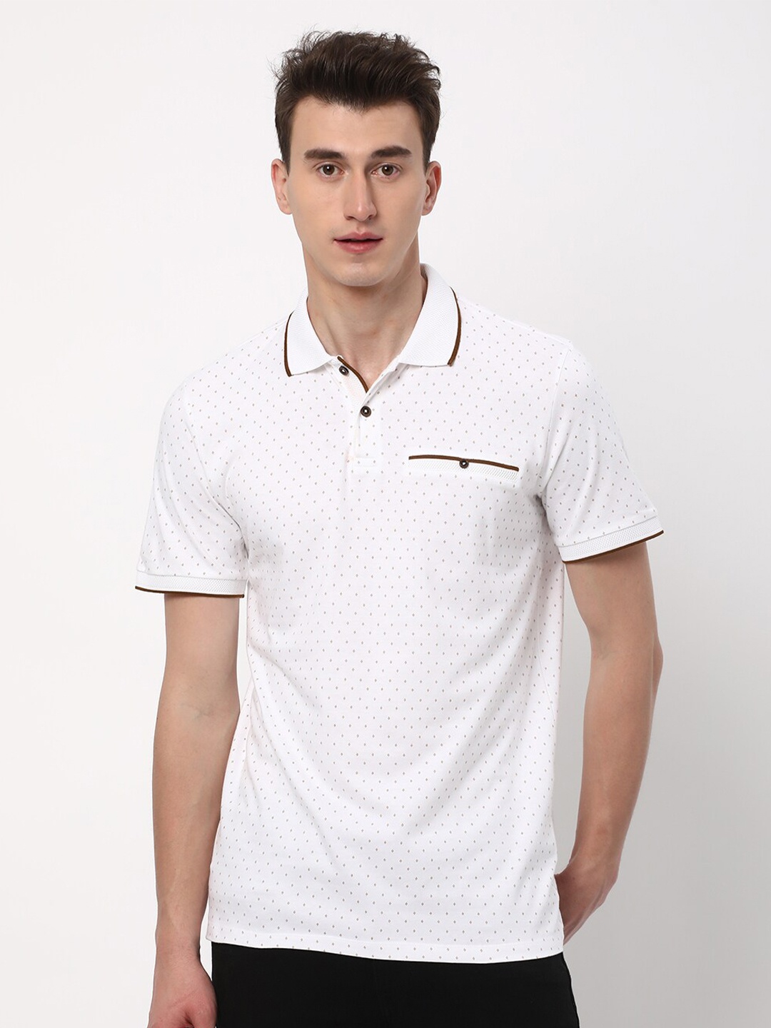 

R&B Micro or Ditsy Printed Polo Collar Cotton T-shirt, White