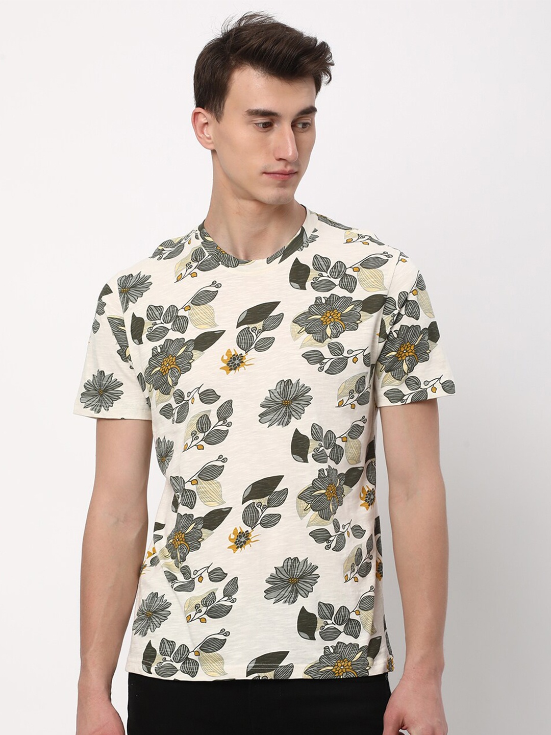 

R&B Floral Printed Round Neck Cotton T-shirt, Cream