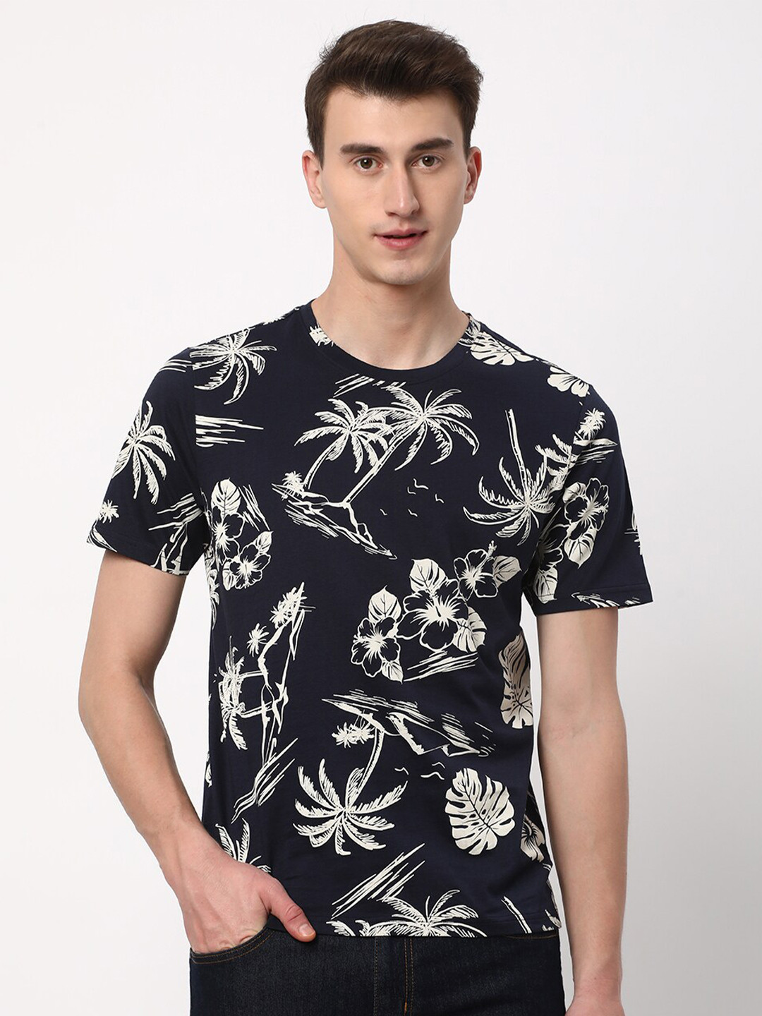 

R&B Tropical Printed Round Neck Cotton T-shirt, Navy blue