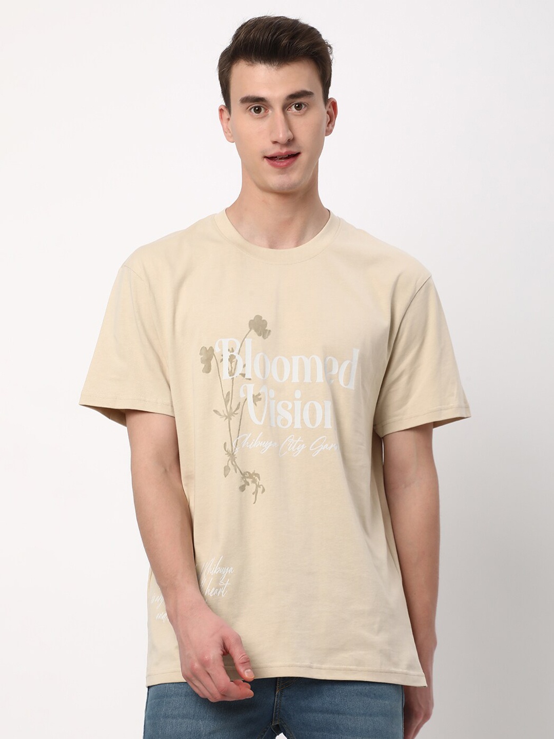 

R&B Typography Printed Round Neck Cotton T-shirt, Beige