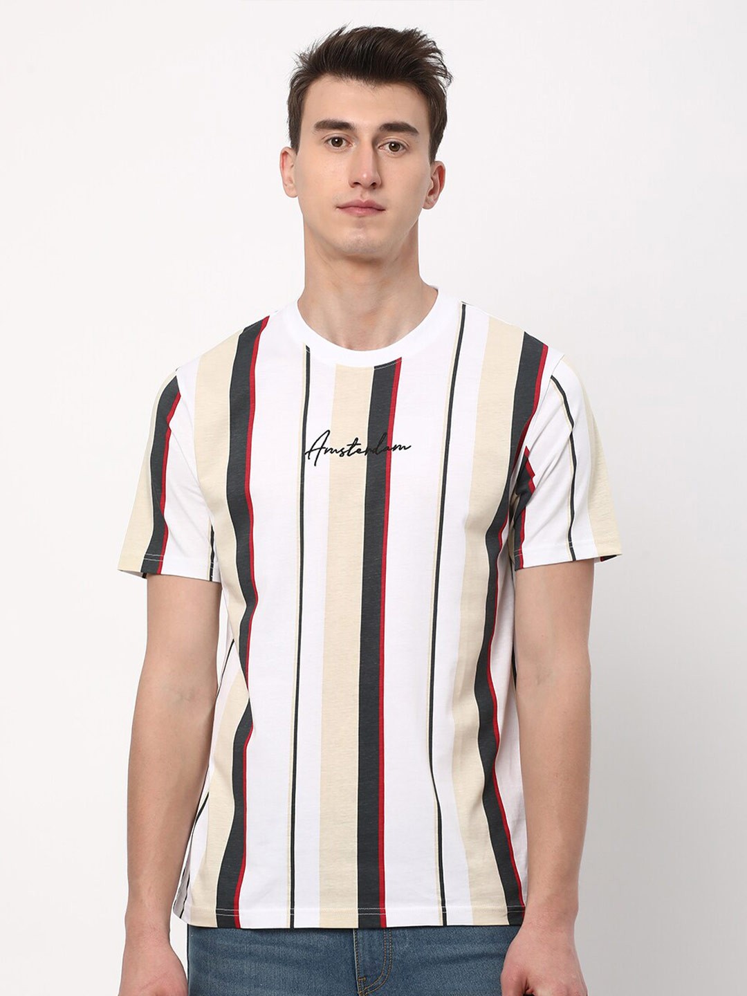 

R&B Striped Round Neck Cotton T-shirt, White