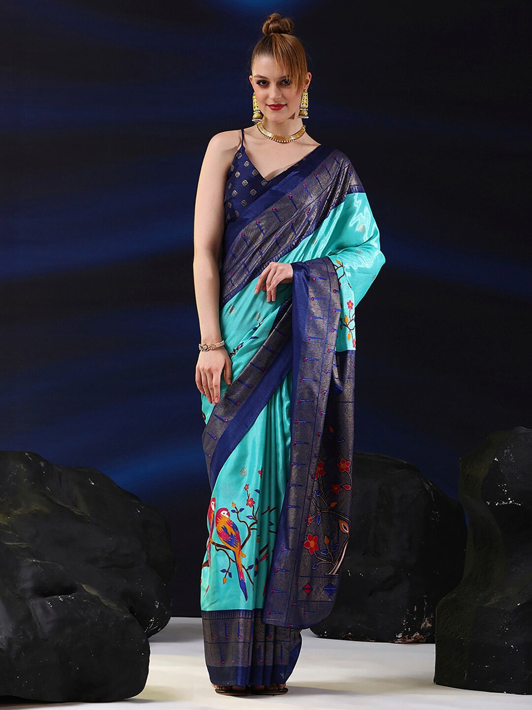 

Saree mall Blue & Red Ethnic Motifs Printed Zari Bagh Saree