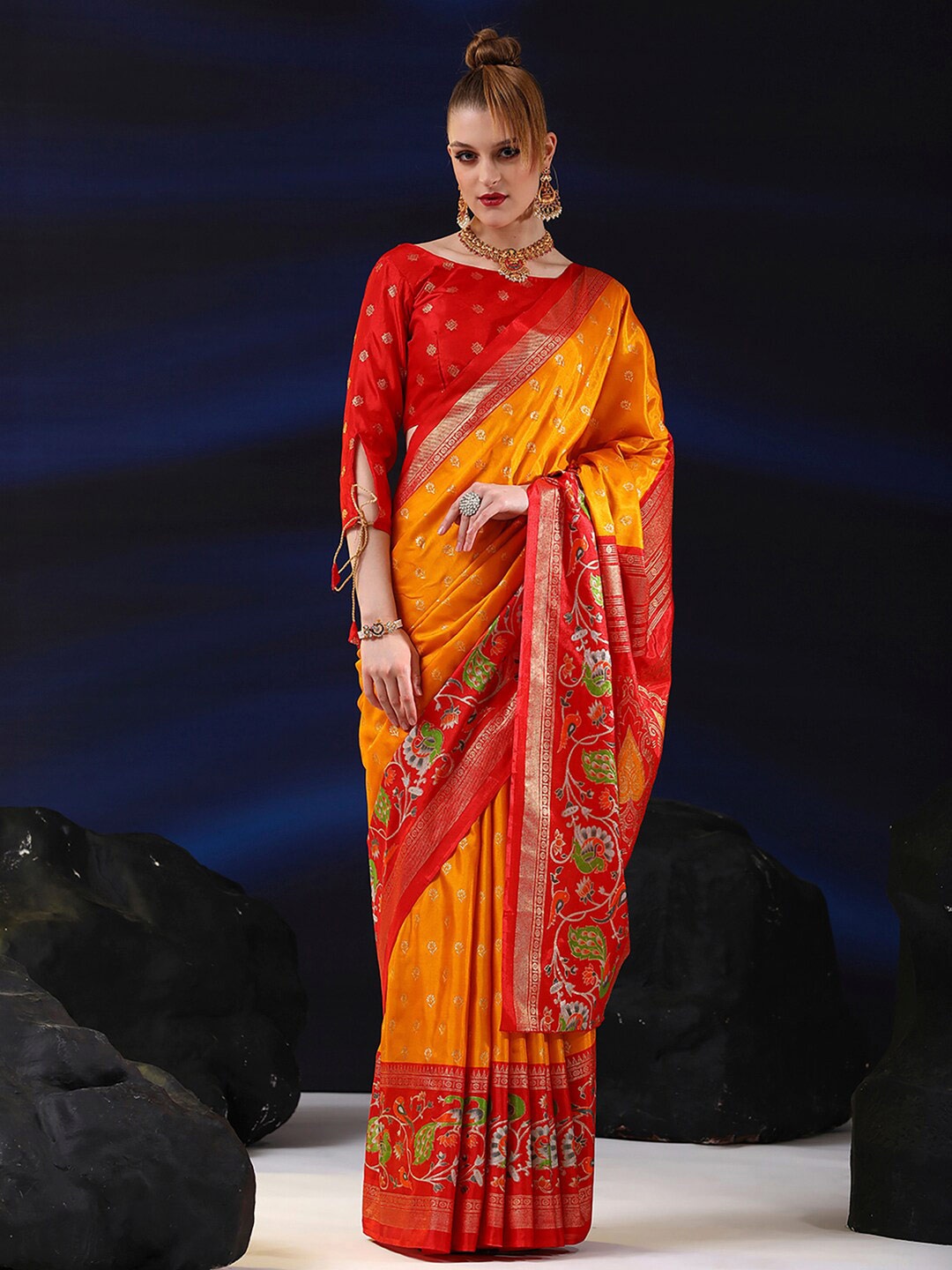 

Saree mall Yellow & Red Floral Motifs Printed Zari Bagh Saree