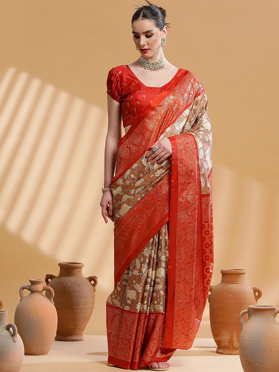 

Saree mall Brown & Red Kalamkari Printed Zari Bagh Saree