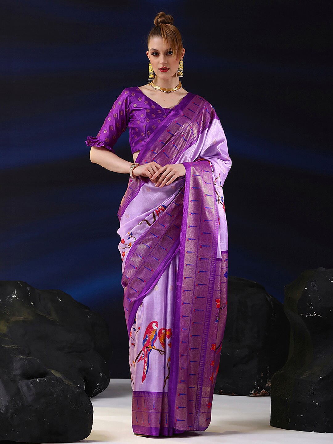 

Saree mall Lavender & Red Ethnic Motifs Printed Zari Bagh Saree