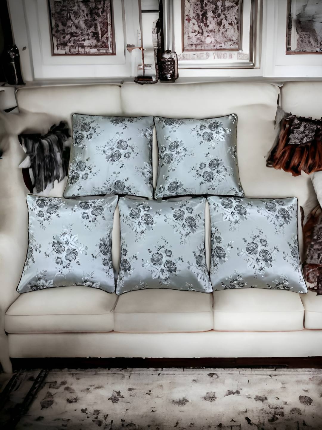 

CASA-NEST Grey & White 5 Pieces Floral Square Cushion Covers