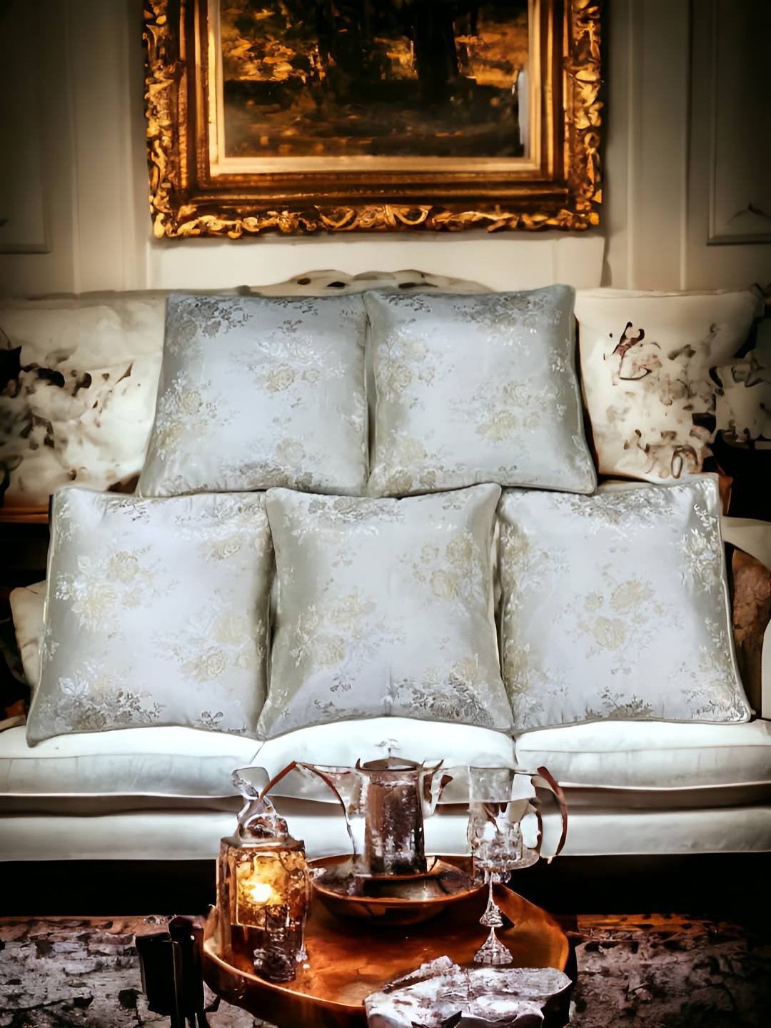 

CASA-NEST Cream & Gold-Toned 5 Pieces Floral Square Cushion Covers