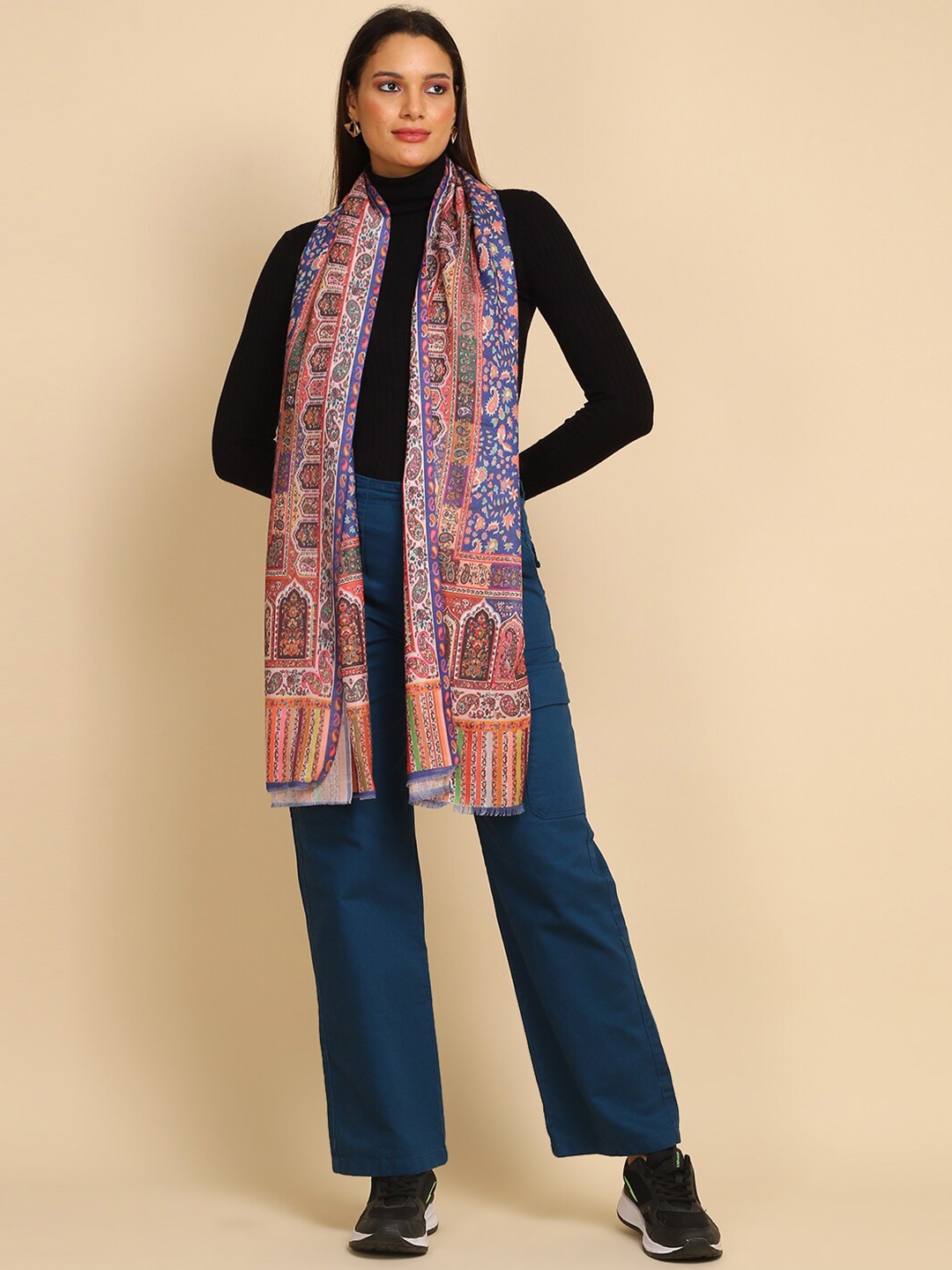 

WEAVERS VILLA Ethnic Motifs Printed Woollen Scarf, Blue