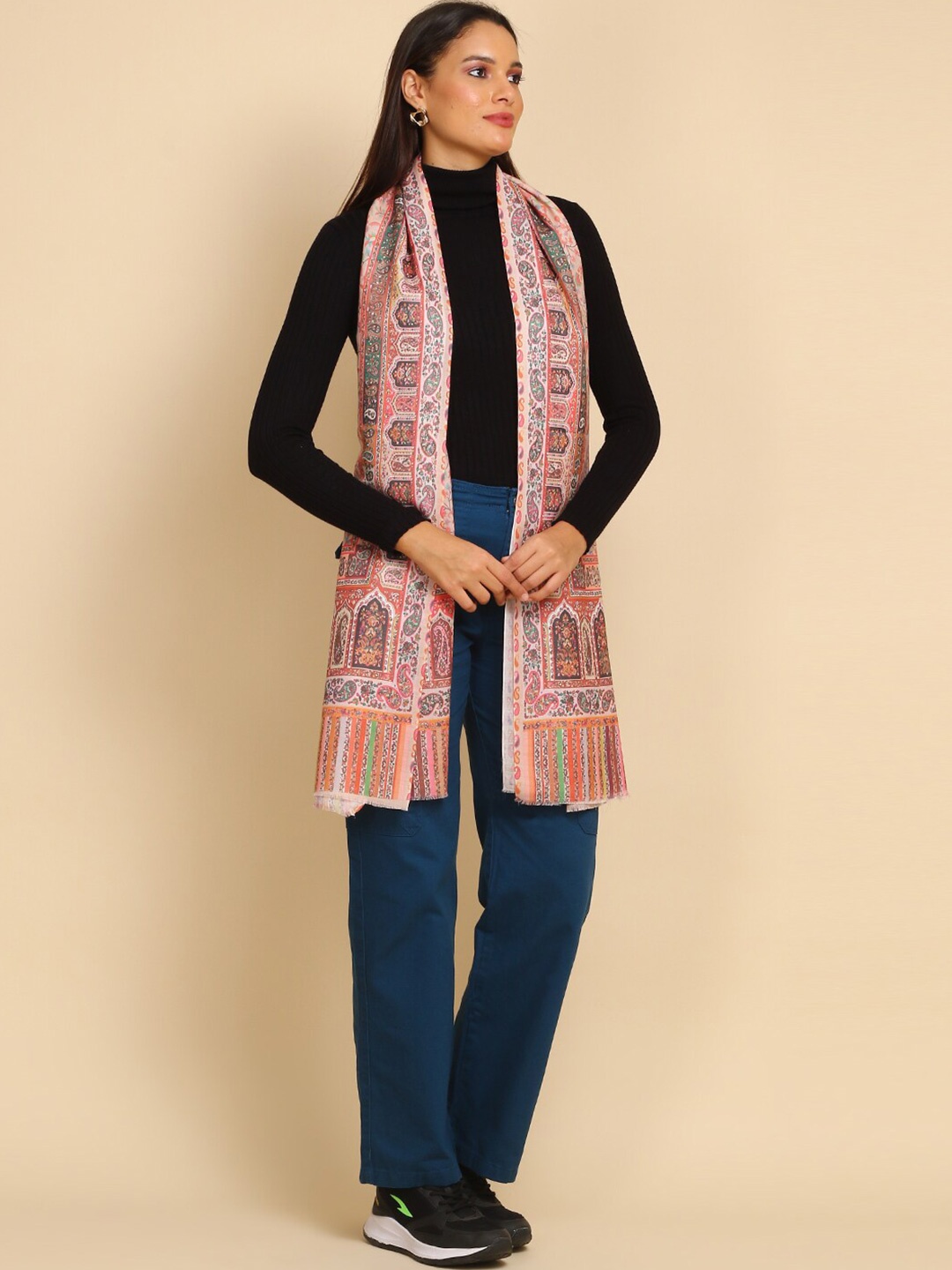 

WEAVERS VILLA Ethnic Motifs Printed Woollen Scarf, Beige