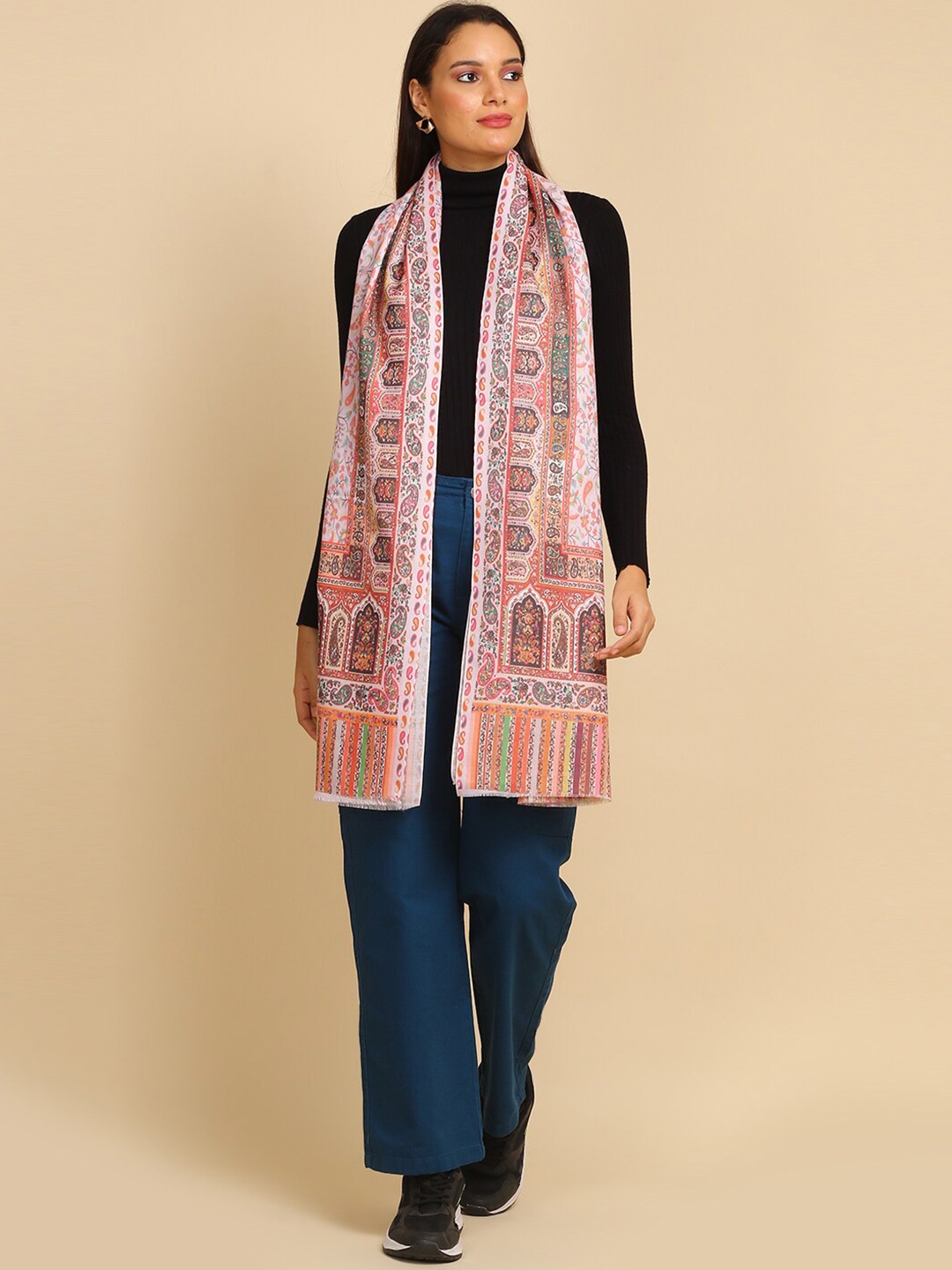 

WEAVERS VILLA Ethnic Motifs Printed Woollen Scarf, Pink