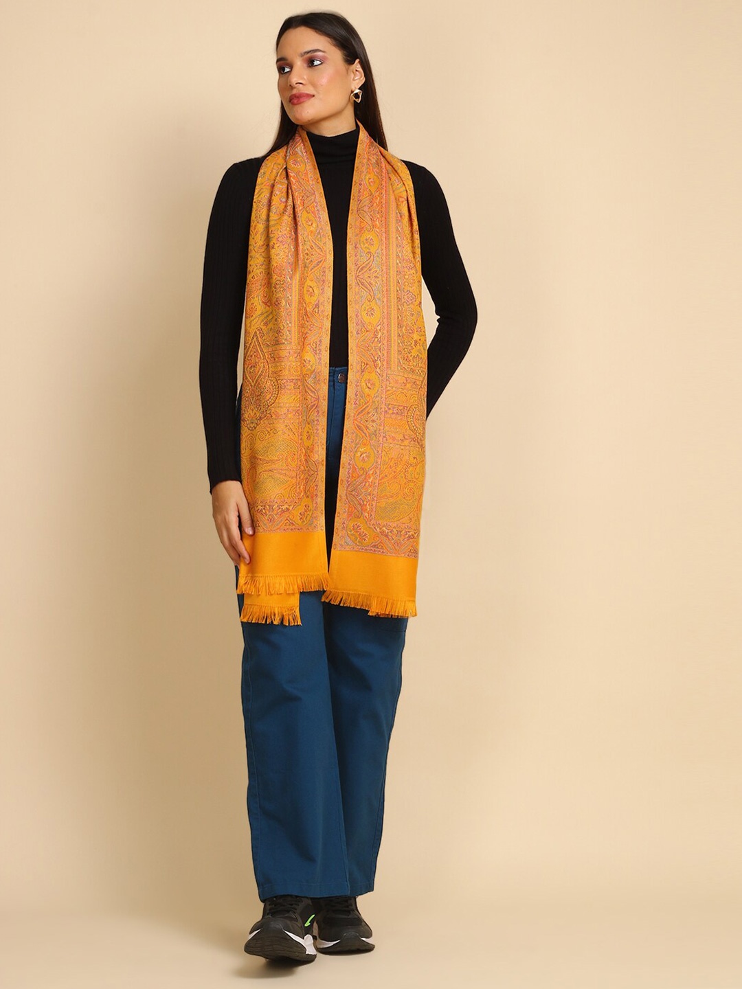 

WEAVERS VILLA Ethnic Motifs Printed Woollen Scarf, Mustard