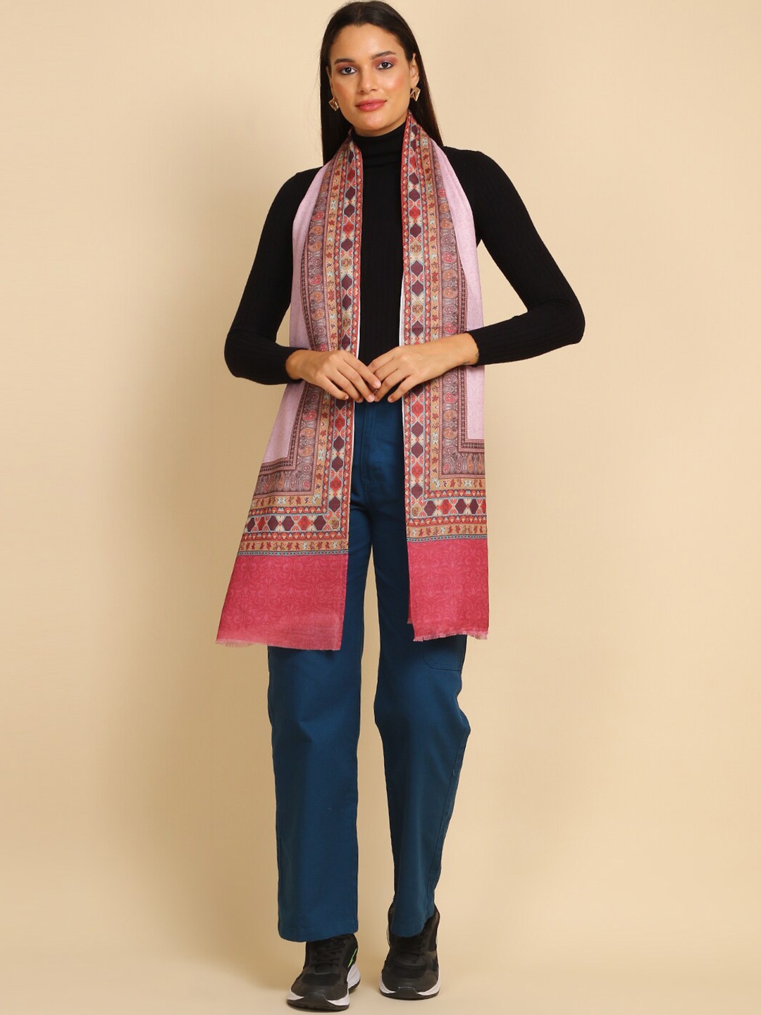 

WEAVERS VILLA Ethnic Motifs Printed Woollen Scarf, Pink