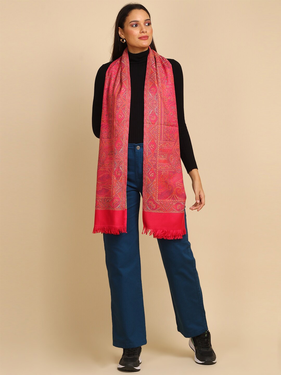 

WEAVERS VILLA Ethnic Motifs Printed Woollen Scarf, Rose