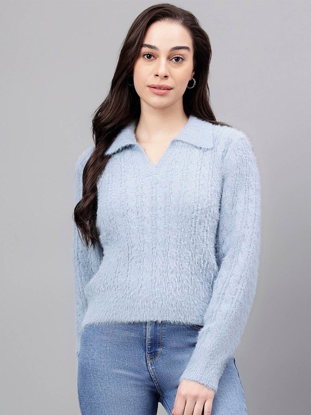 

Xpose Cable Knit Self Design Spread Collar Acrylic Pullover Sweater, Blue