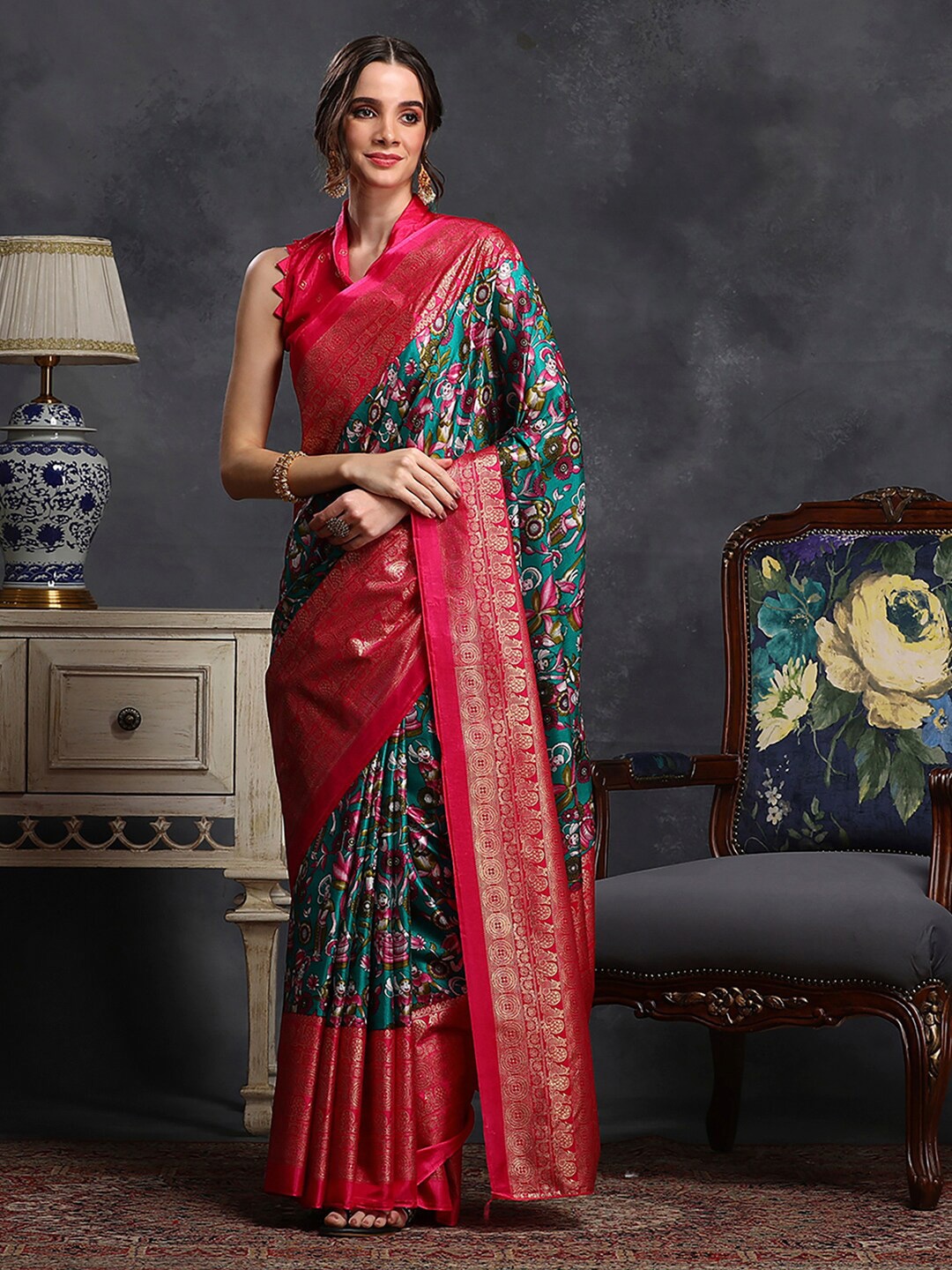 

Saree mall Blue & Red Kalamkari Printed Sungudi Saree