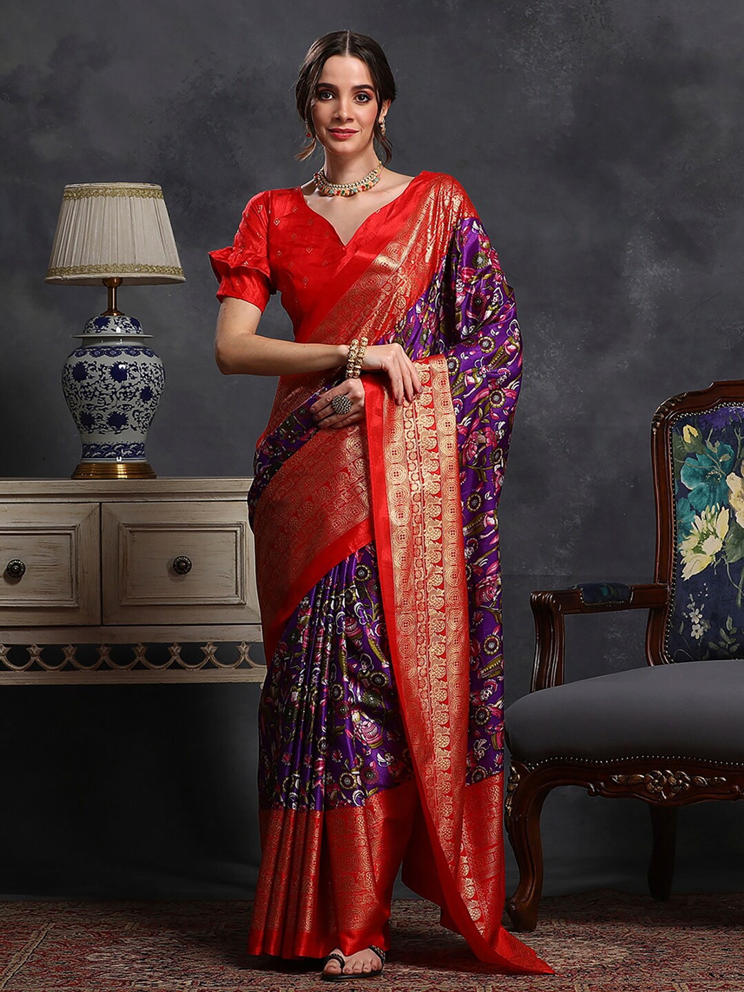 

Saree mall Purple & Red Kalamkari Printed Sungudi Saree