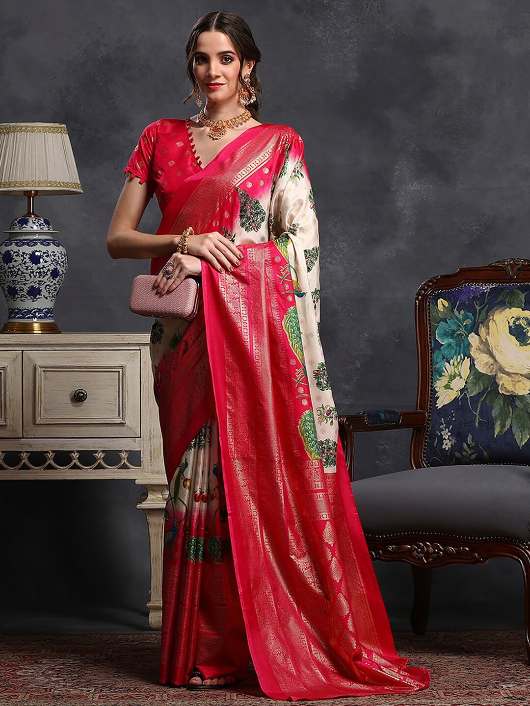 

Saree mall Cream-Coloured & Pink Ethnic Motifs Printed Bagh Saree