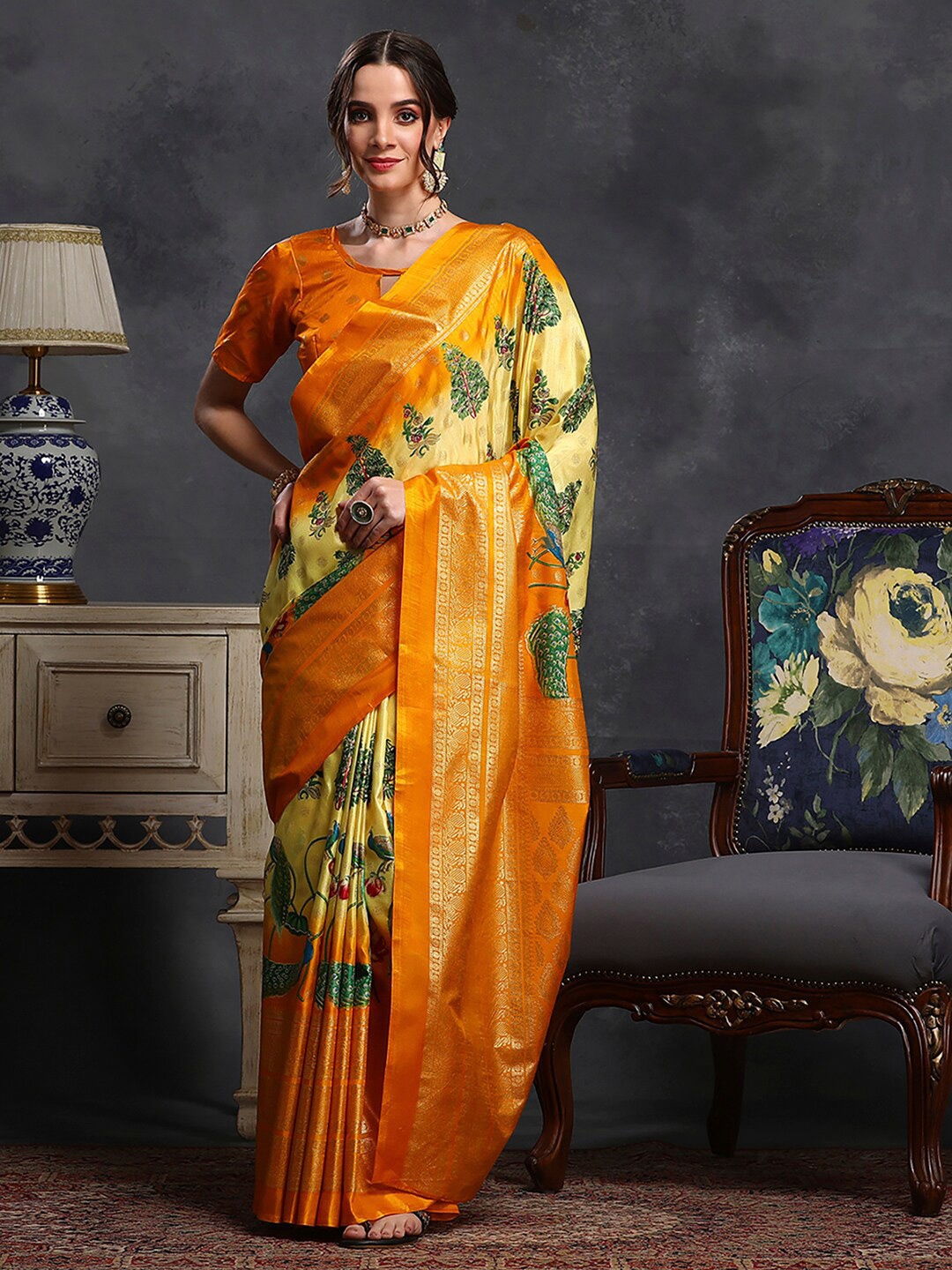 

Saree mall Yellow & Green Ethnic Motifs Printed Bagh Saree