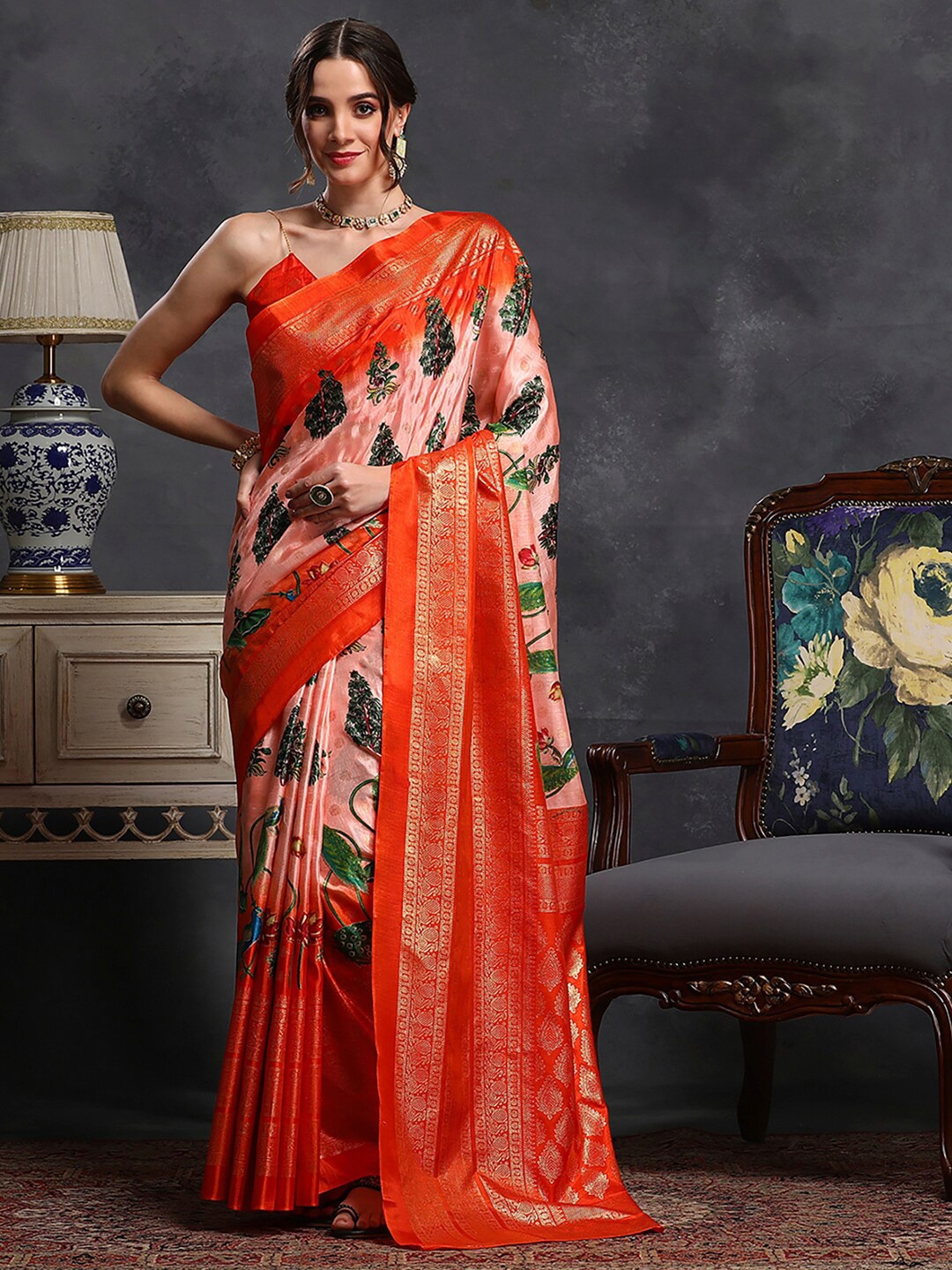 

Saree mall Peach-Coloured & Green Ethnic Motifs Printed Bagh Saree