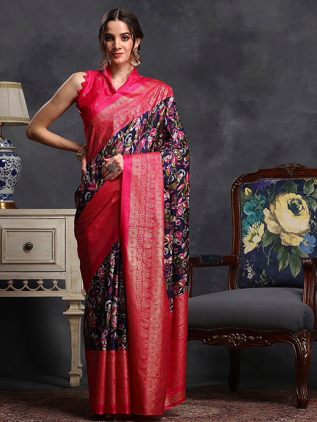 

Saree mall Navy Blue & Pink Kalamkari Printed Sungudi Saree