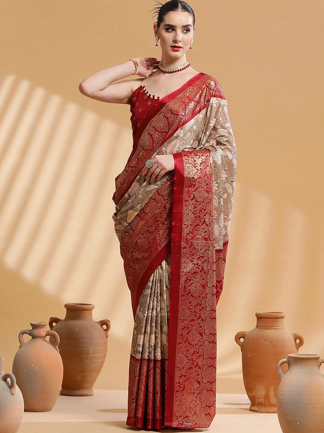 

Saree mall Camel Brown & Red Kalamkari Printed Zari Bagh Saree