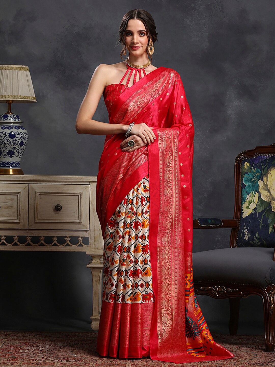 

Saree mall Red & Cream-Coloured Ethnic Motifs Printed Zari Ikat Saree