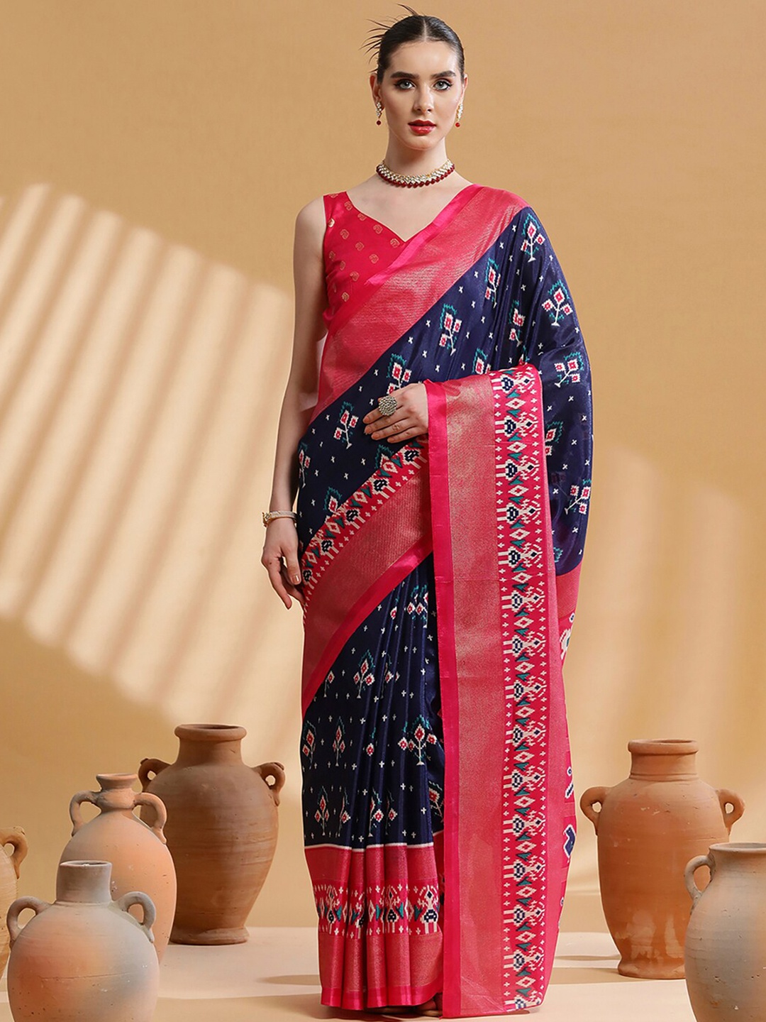 

Saree mall Navy Blue & Pink Ethnic Motifs Printed Ikat Saree