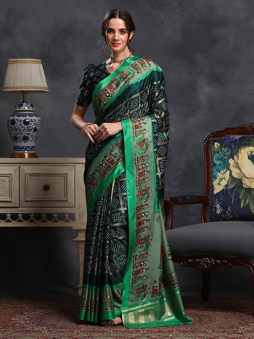 

Saree mall Green & White Bandhani Printed Patola Saree