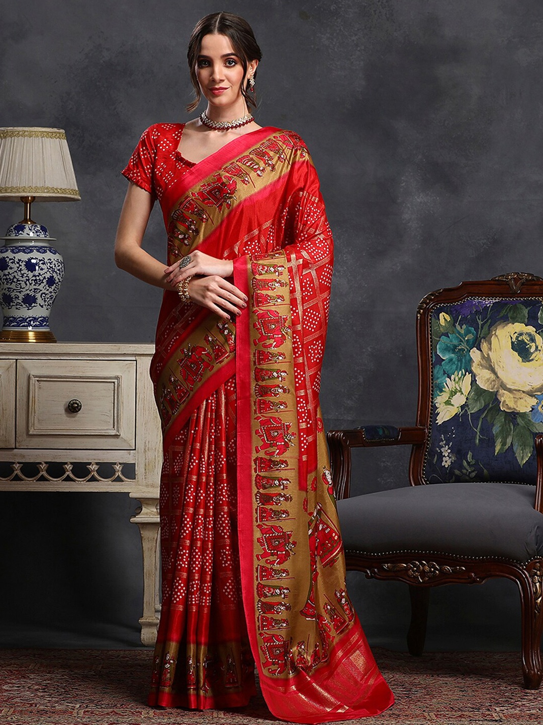 

Saree mall Red & Beige Bandhani Printed Patola Saree