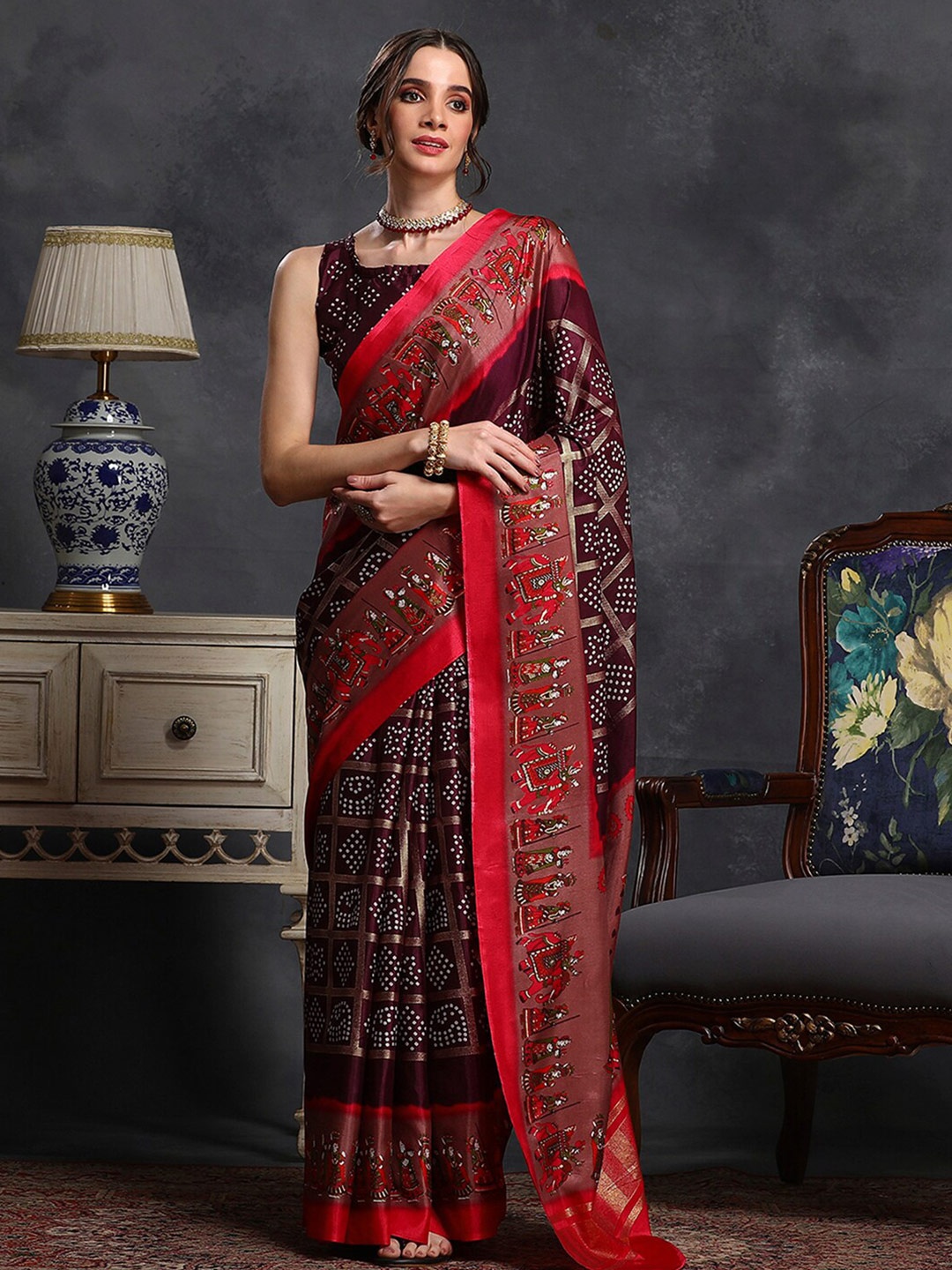 

Saree mall Burgundy & White Ethnic Motifs Patola Saree