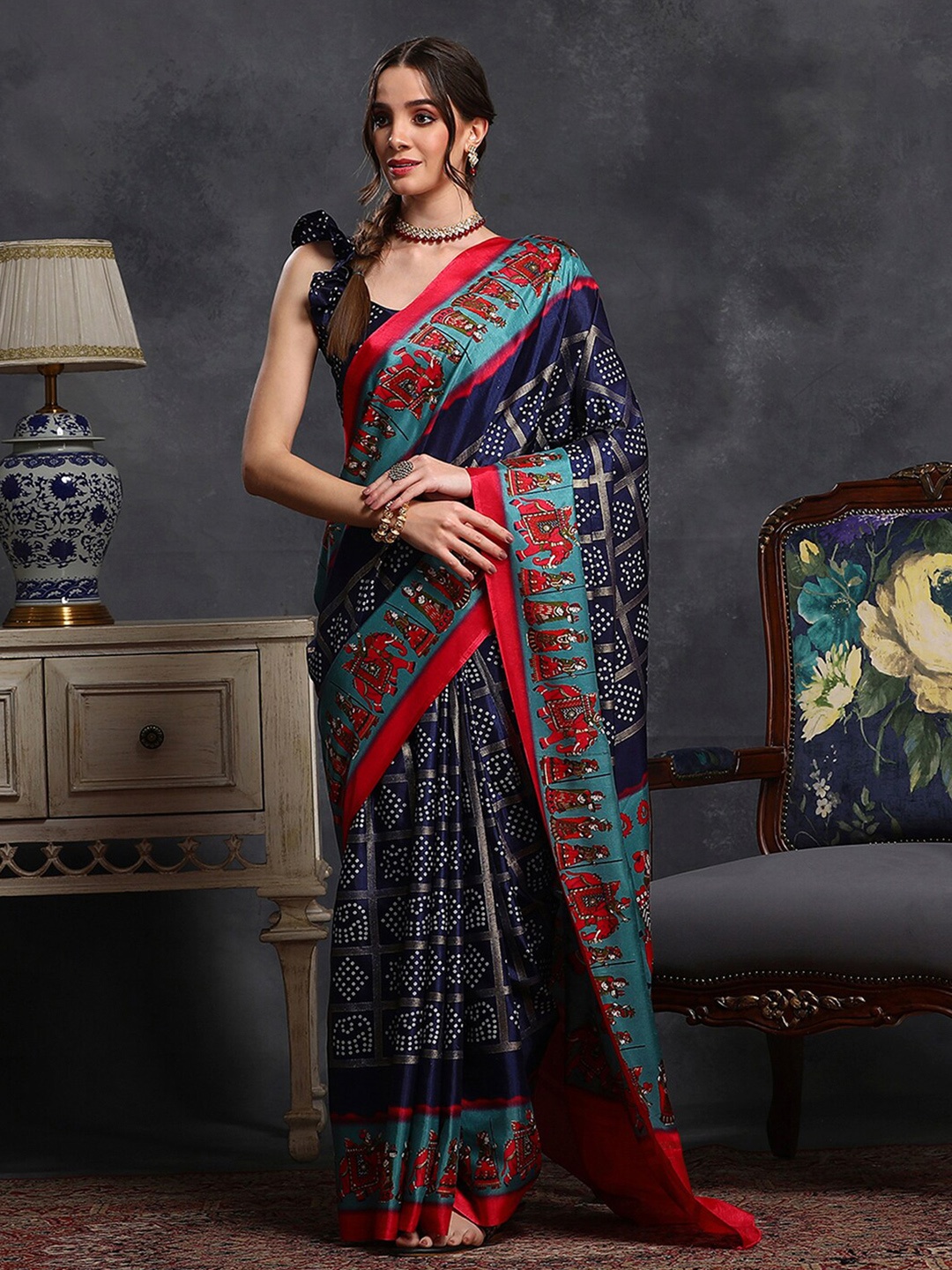 

Saree mall Navy Blue & White Ethnic Motifs Patola Saree