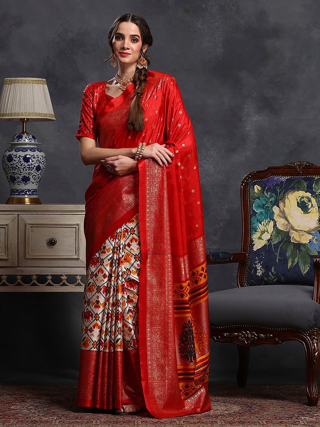 

Saree mall Red & Cream-Coloured Ethnic Motifs Printed Zari Ikat Saree