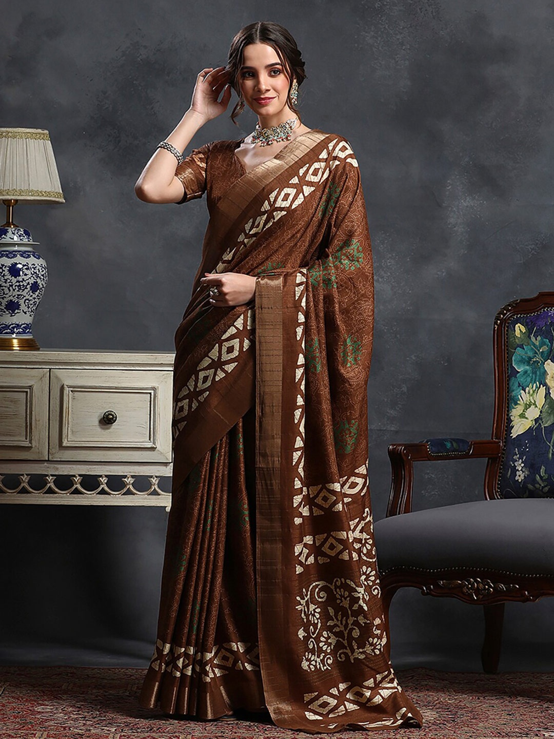 

Saree mall Brown & White Bagh Printed Zari Sungudi Saree