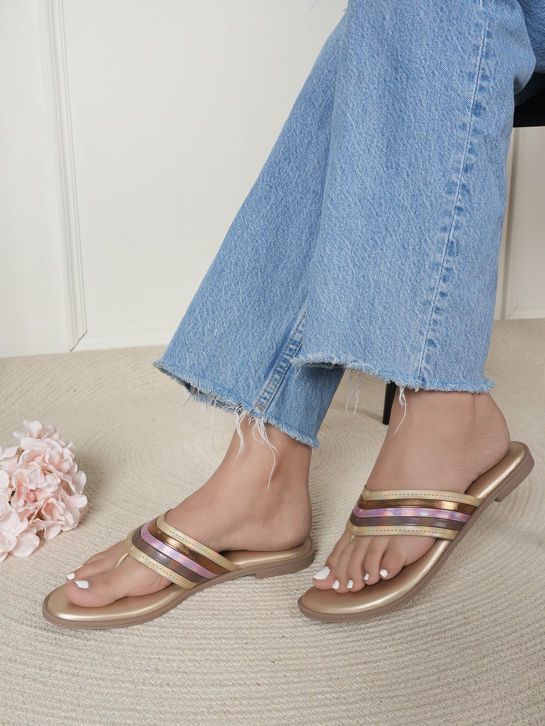 

Luxyfeel Striped Open Toe T-Strap Flats, Gold