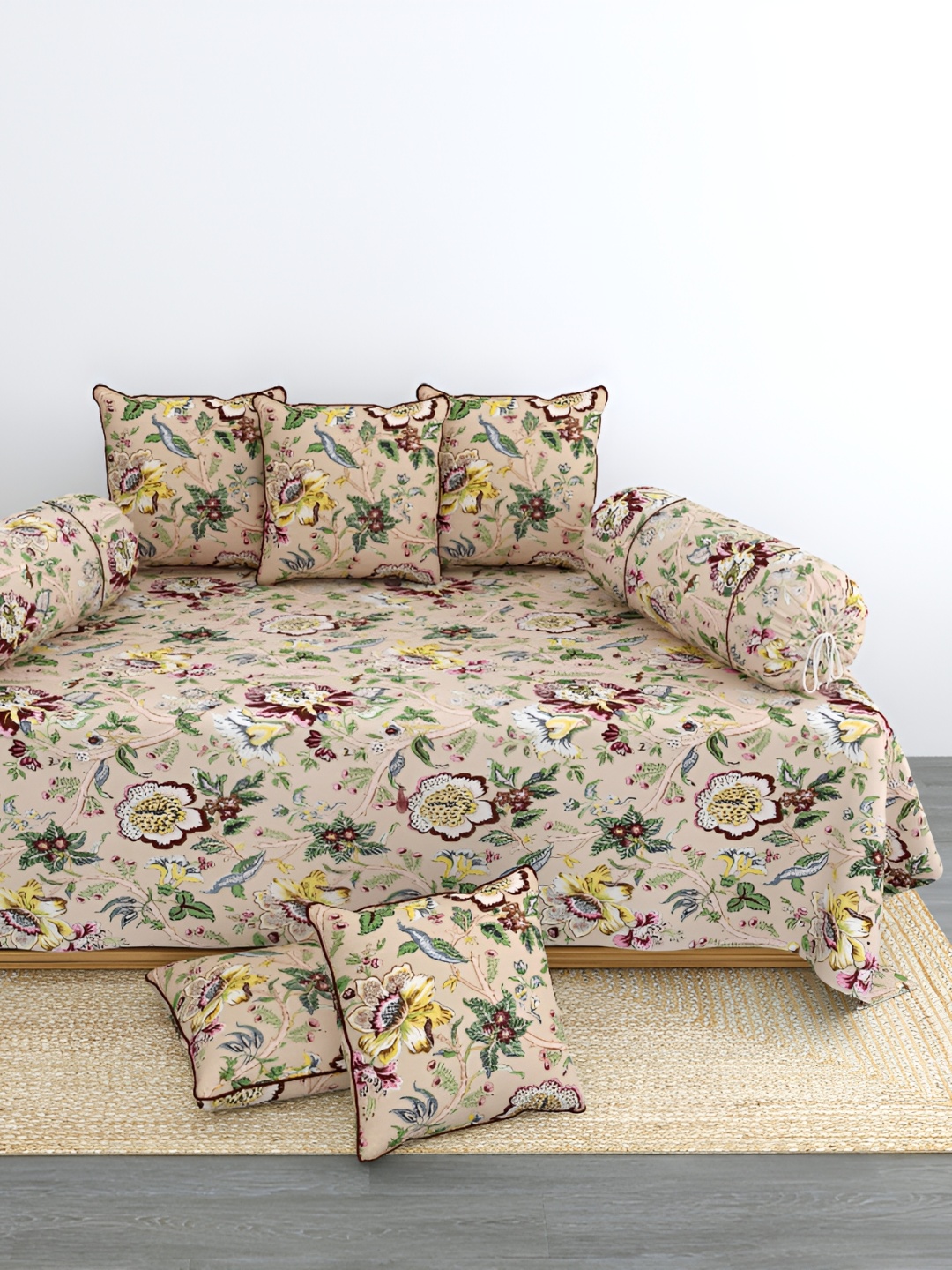 

LINENOVATION 8 Pcs Beige & Green Floral Printed Pure Cotton Diwan Set