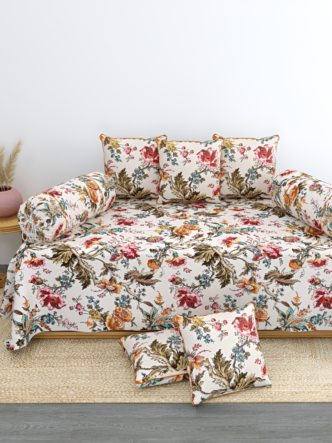 

LINENOVATION 8 Pcs White & Red Floral Printed Pure Cotton Diwan Set