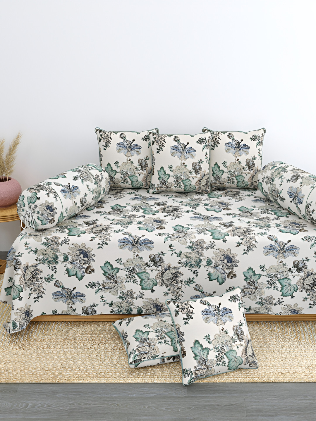 

LINENOVATION 8 Pcs White & Blue Floral Printed Pure Cotton Diwan Set