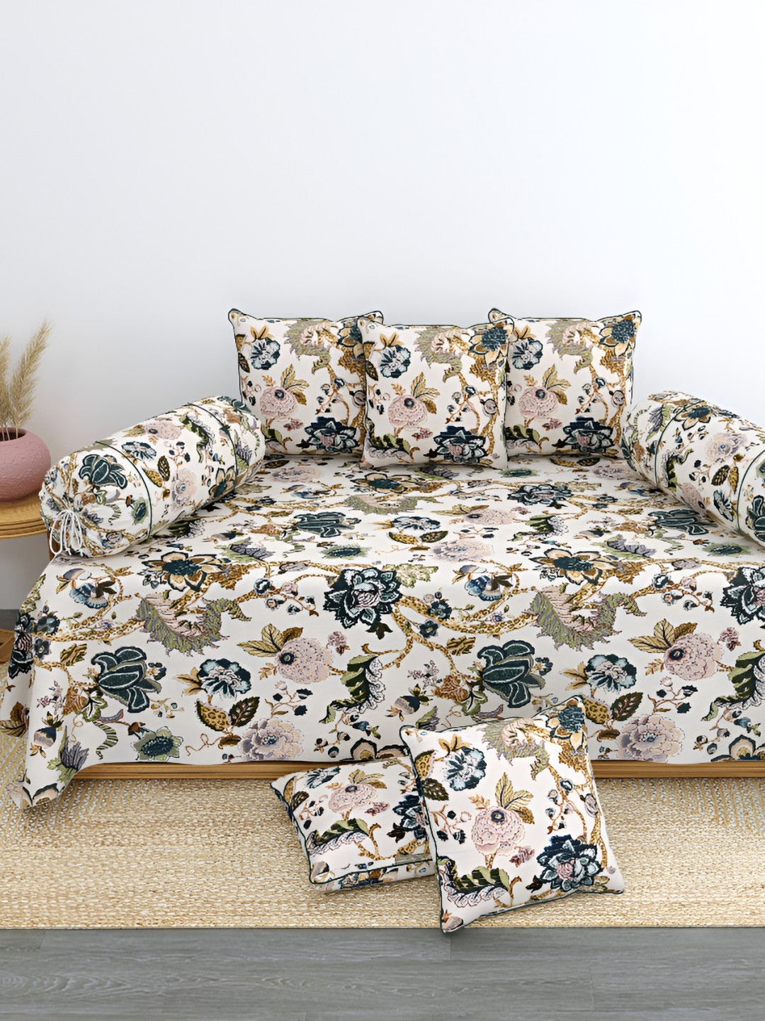 

LINENOVATION 8 Pcs White & Blue Floral Printed Pure Cotton Diwan Set