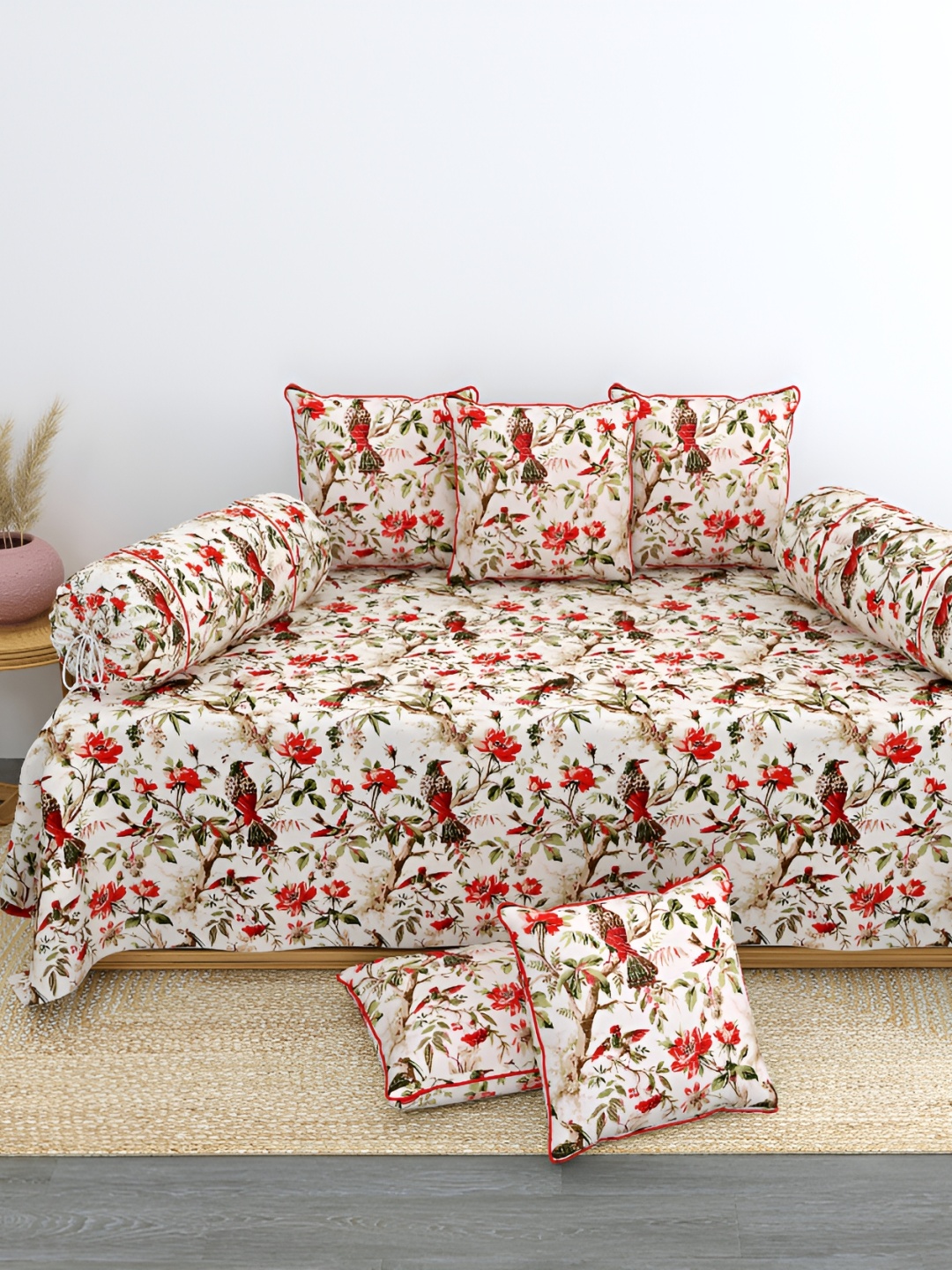

LINENOVATION 8 Pcs White & Red Floral Printed Pure Cotton Diwan Set