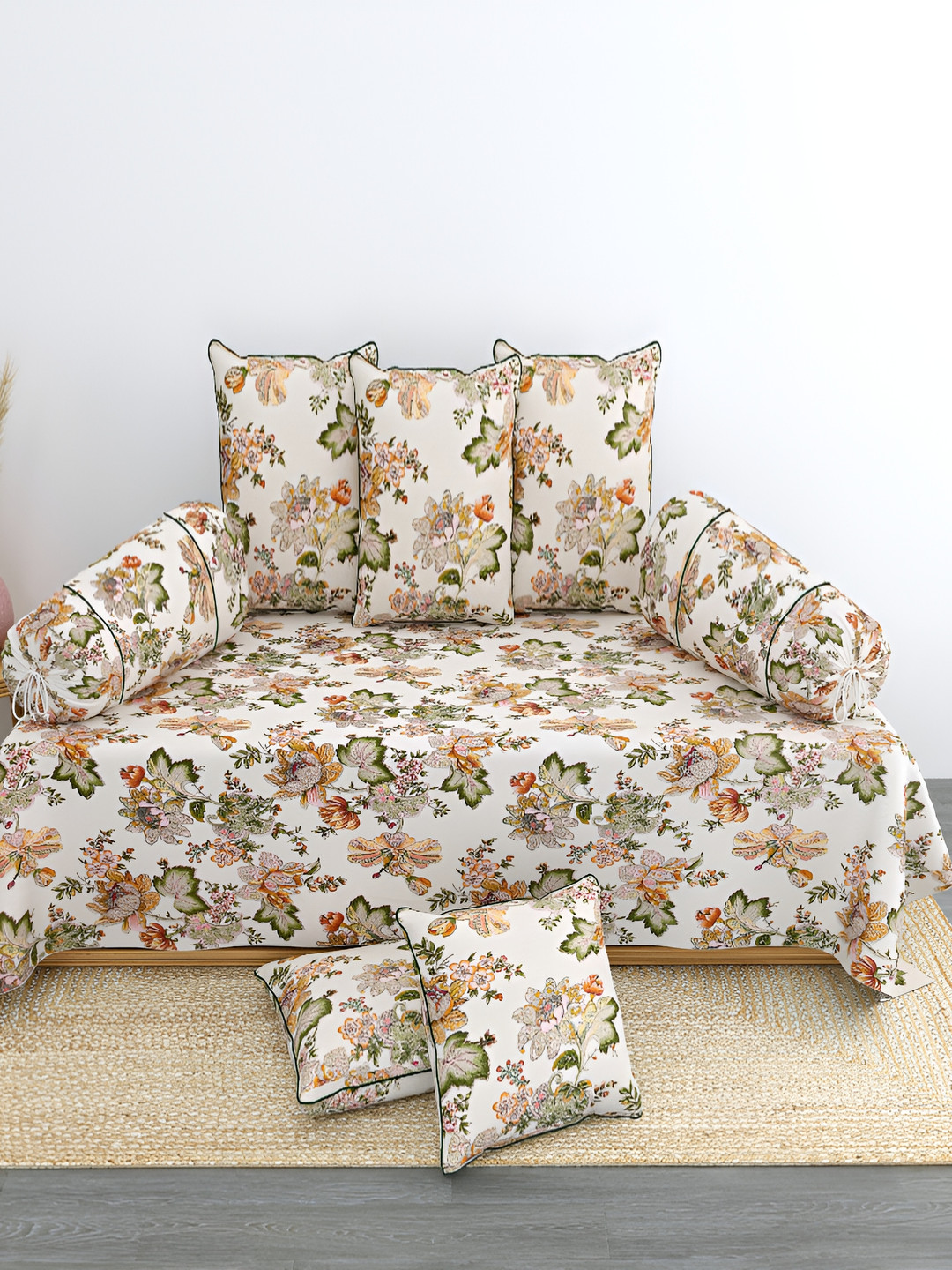 

LINENOVATION 8 Pcs White & Orange Coloured Floral Printed Pure Cotton Diwan Set