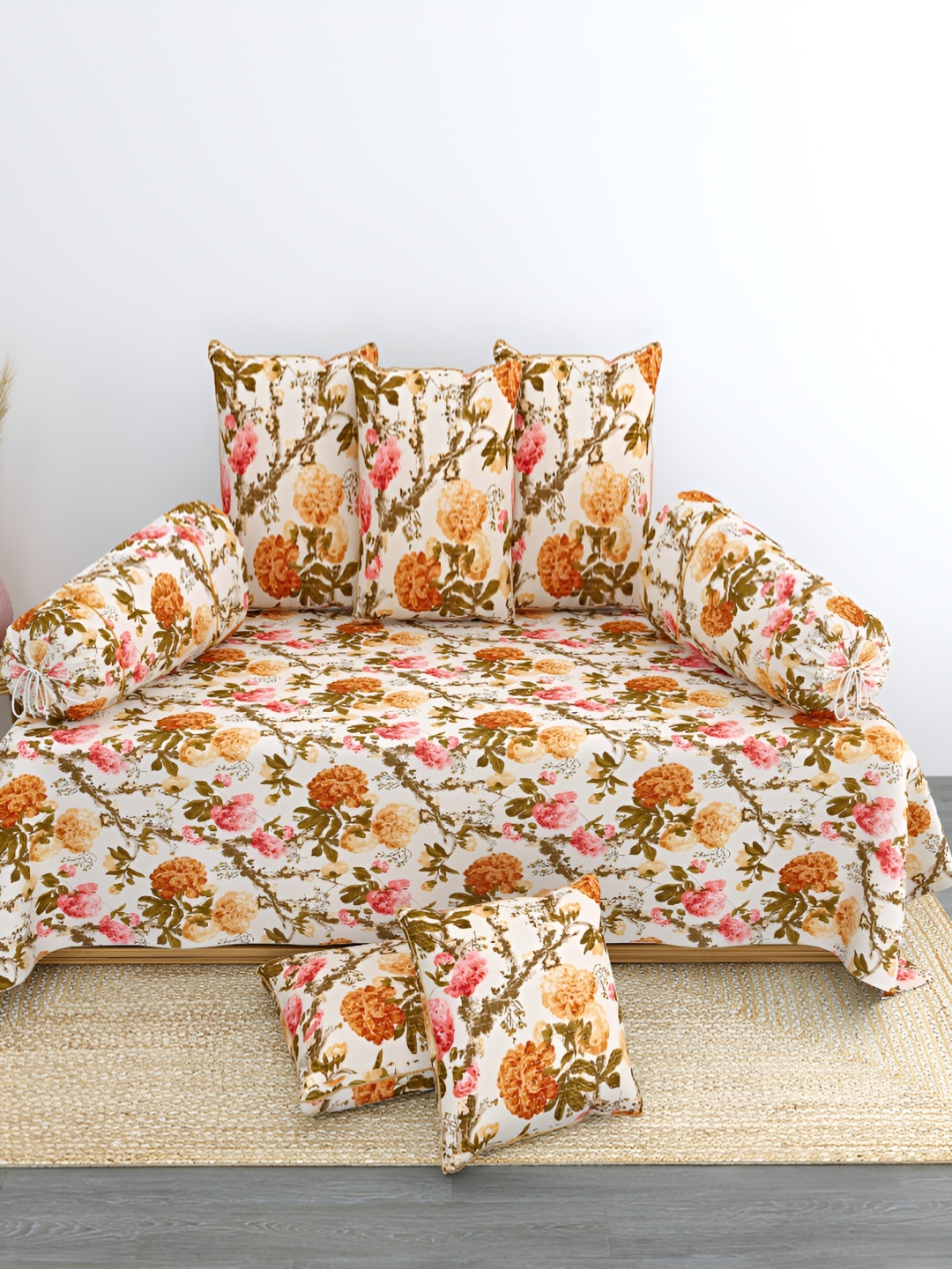 

LINENOVATION 8 Pcs White & Orange Coloured Floral Printed Pure Cotton Diwan Set