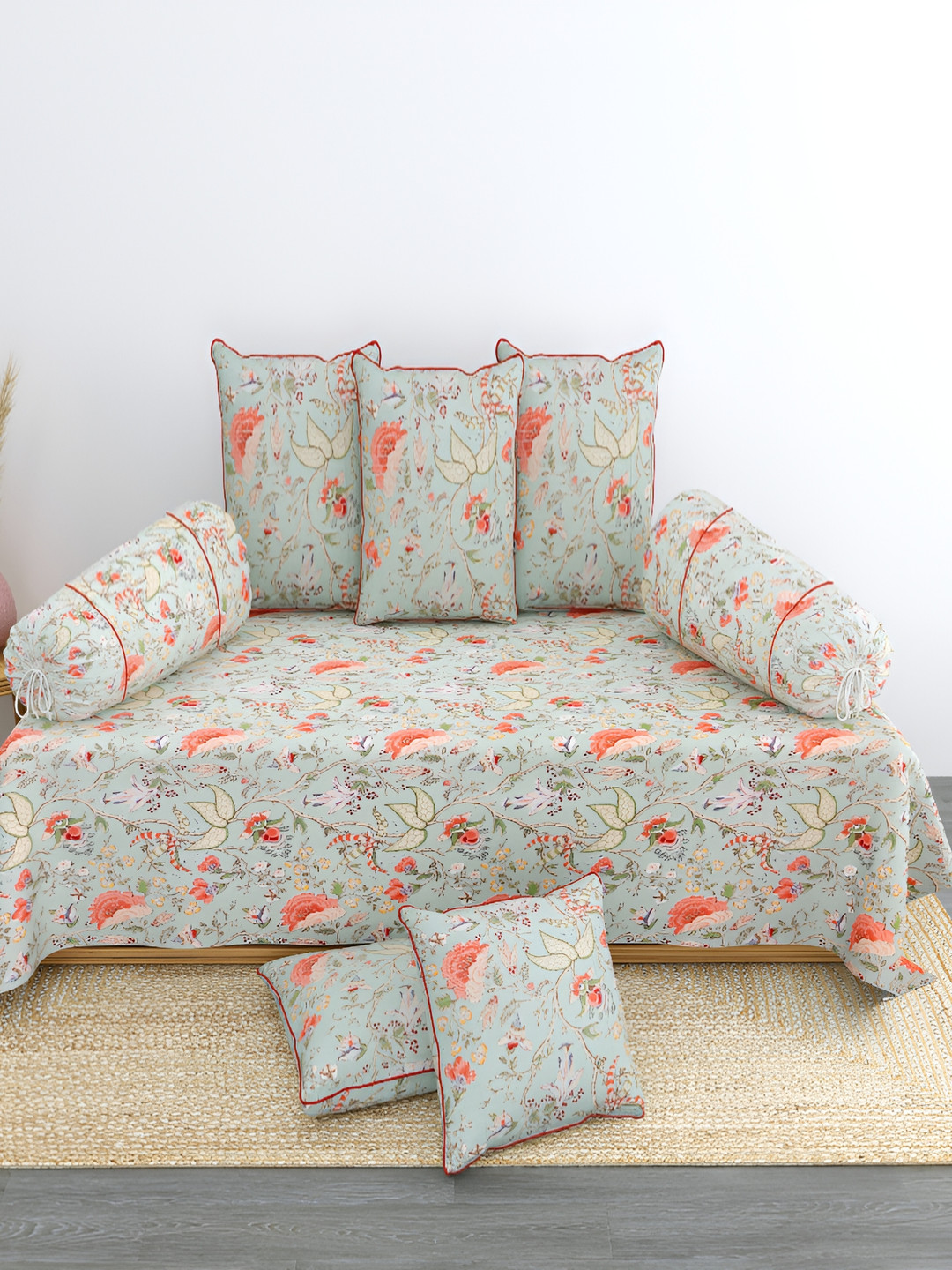 

LINENOVATION 8 Pcs Green & Red Floral Printed Pure Cotton Diwan Set