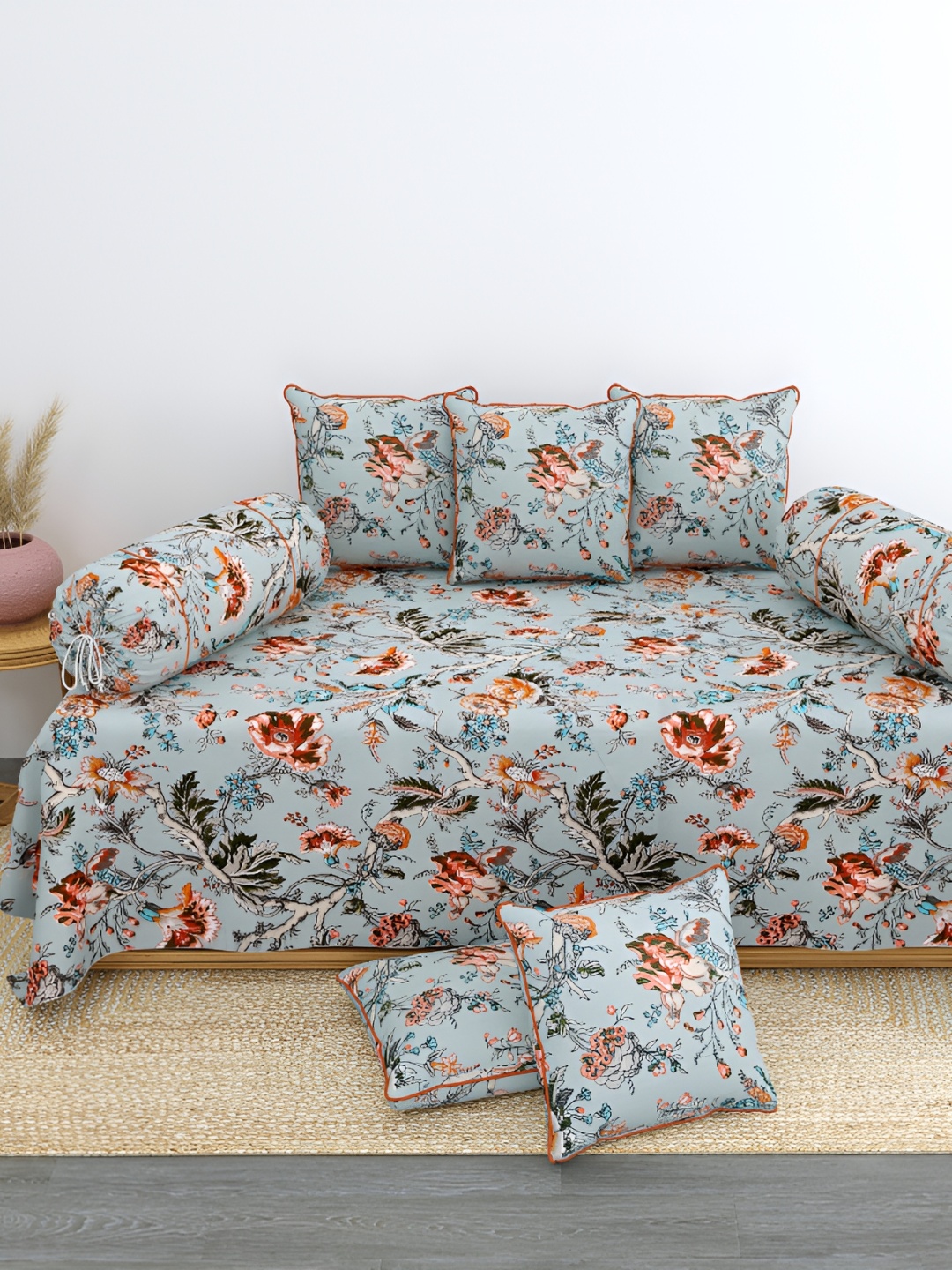 

LINENOVATION 8 Pcs Blue & Red Floral Printed Pure Cotton Diwan Set