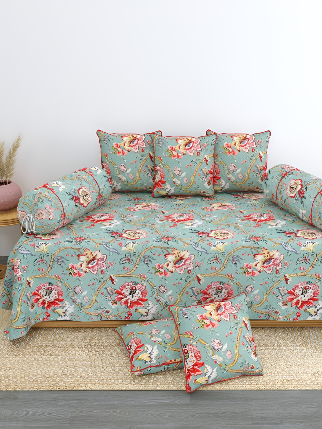 

LINENOVATION 8 Pcs Sea Green & Red Floral Printed Pure Cotton Diwan Set