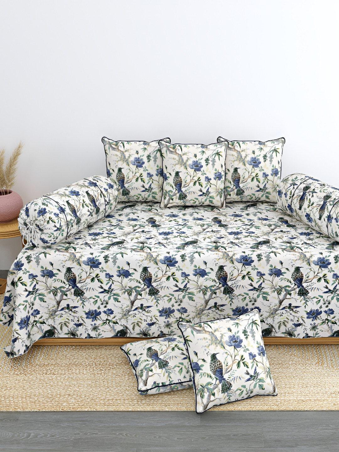 

LINENOVATION 8 Pcs Off White & Blue Floral Printed Pure Cotton Diwan Set