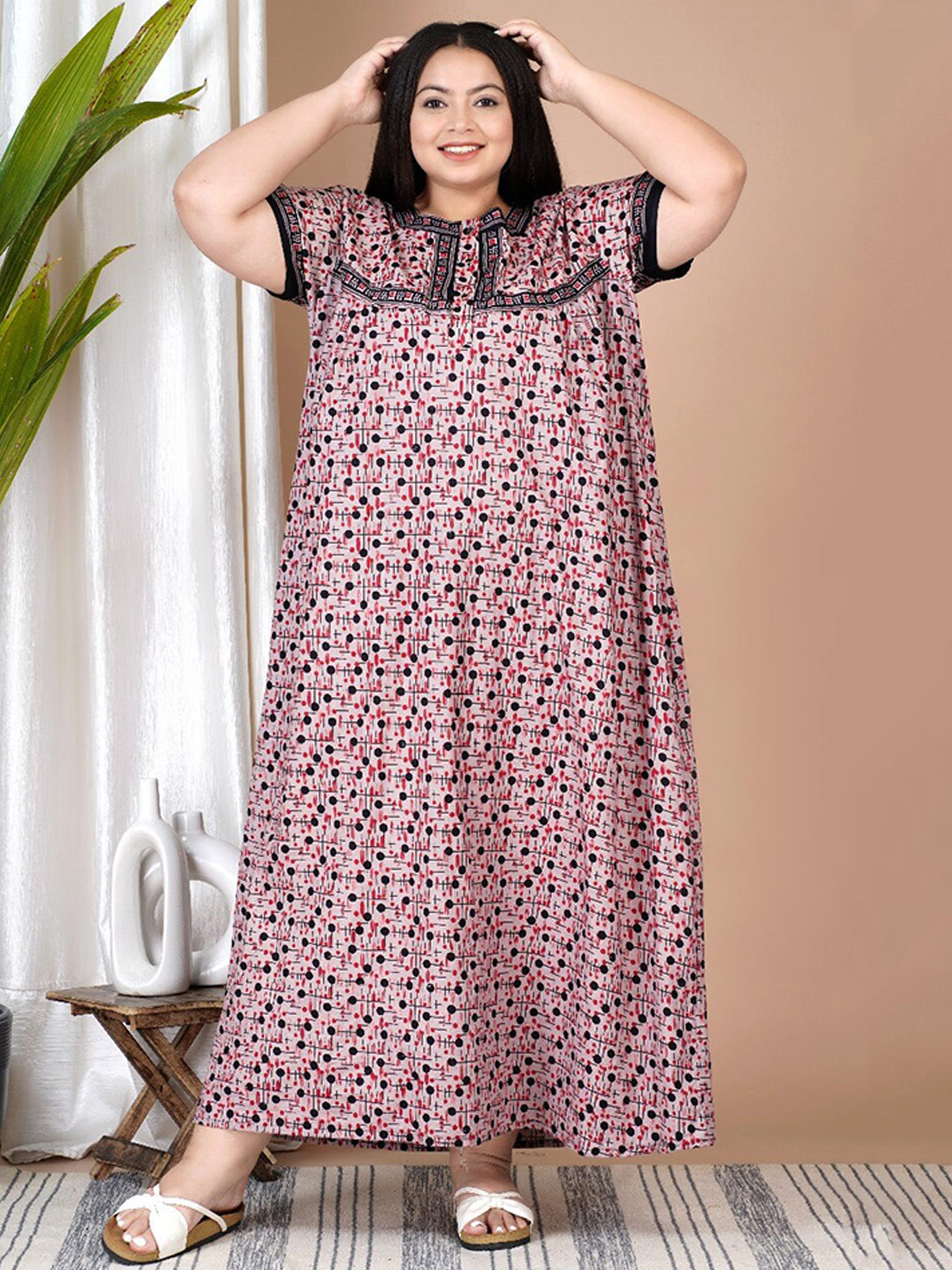 

SP DESIGNS Plus Size Abstract Printed Square Neck Pure Cotton Maxi Nightdress, Pink