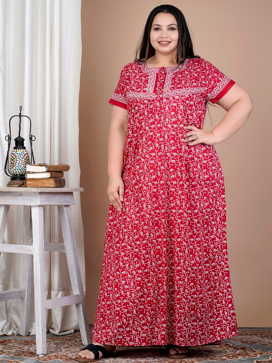 

SP DESIGNS Plus Size Floral Printed Square Neck Pure Cotton Maxi Nightdress, Pink